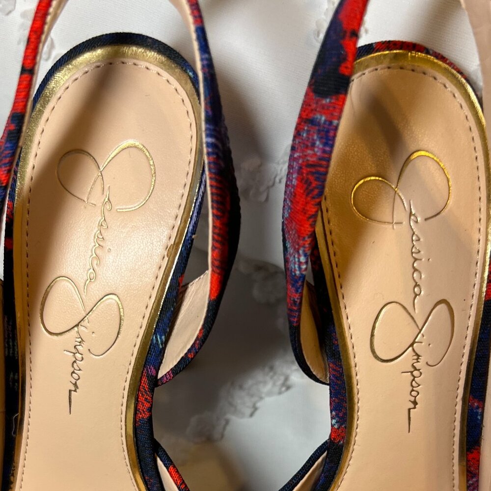 Jessica Simpson "Sabella" Sling Back Red & Blue Floral Platform Pump SIZE 7M/37 - Picture 7 of 10